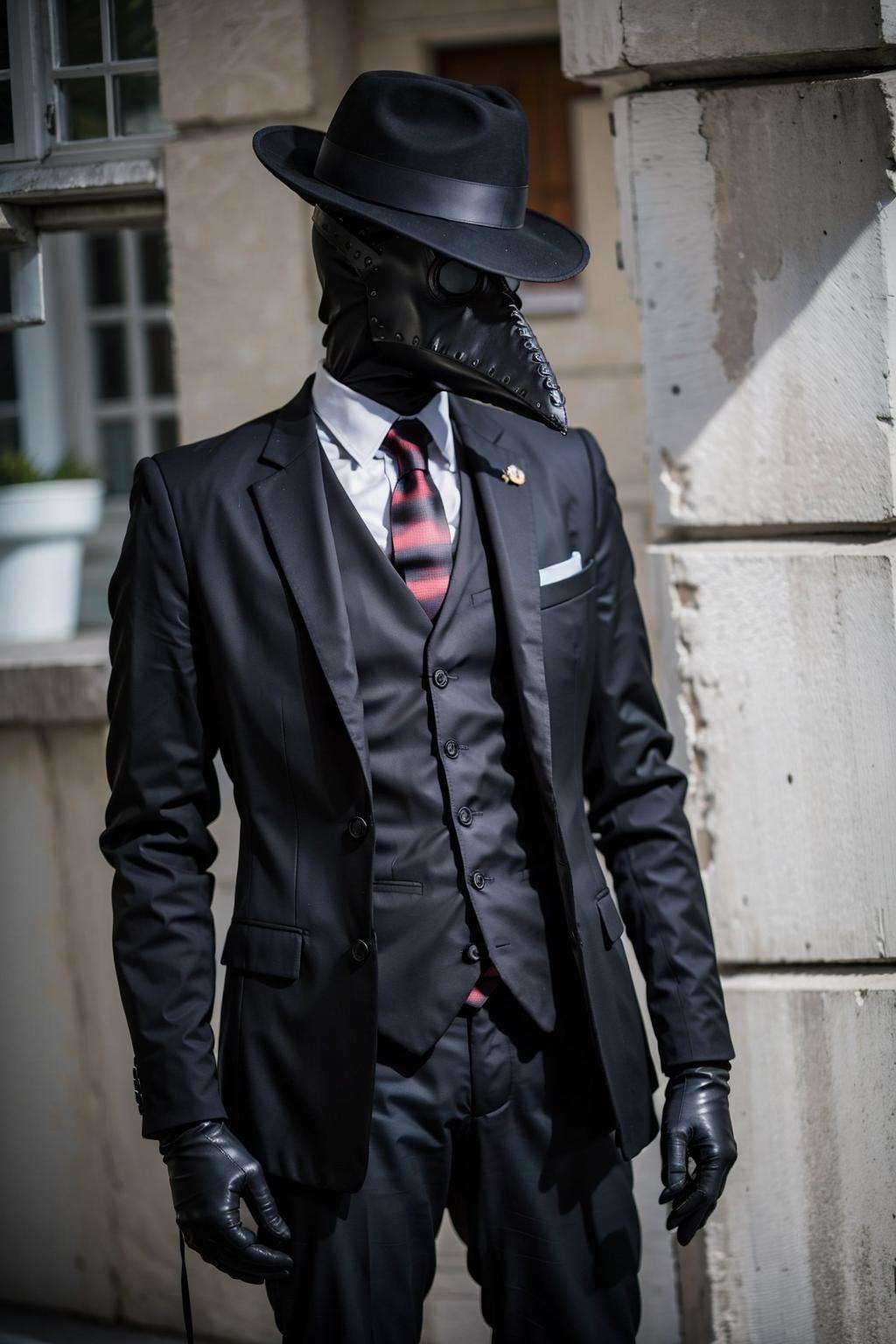 black_headwear, blurry, formal, hat, suit, tiles, solo, shirt, gloves, 1boy, holding, jacket, male_focus, necktie, black_gloves, pants, black_jacket, mask, black_pants, fedora, black_suit, Plaguecore, outfit <lora:Plaguecore:0.8>