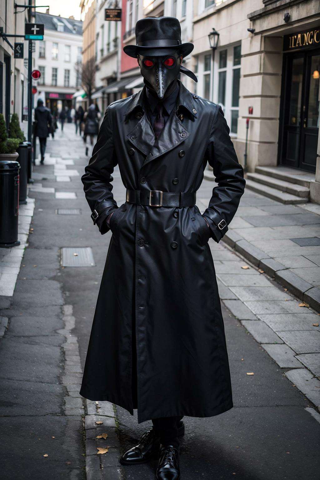 black_coat, black_footwear, black_headwear, boots, buttons, coat, hand_on_hip, hat, solo, standing, medieval street, 1boy, full_body, male_focus, belt, mask, facing_viewer, hands_in_pockets, long_coat, fedora, trench_coat, Plaguecore, outfit<lora:Plaguecore:0.7>
