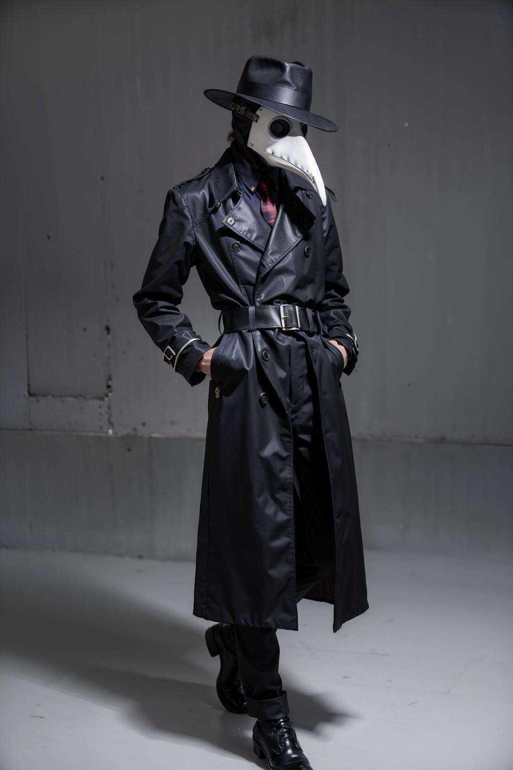 black_coat, black_footwear, black_headwear, boots, buttons, coat, hand_on_hip, hat, simple_background, solo, standing, white_background, 1boy, full_body, male_focus, belt, mask, facing_viewer, hands_in_pockets, long_coat, fedora, trench_coat, Plaguecore, outfit<lora:Plaguecore:0.7>