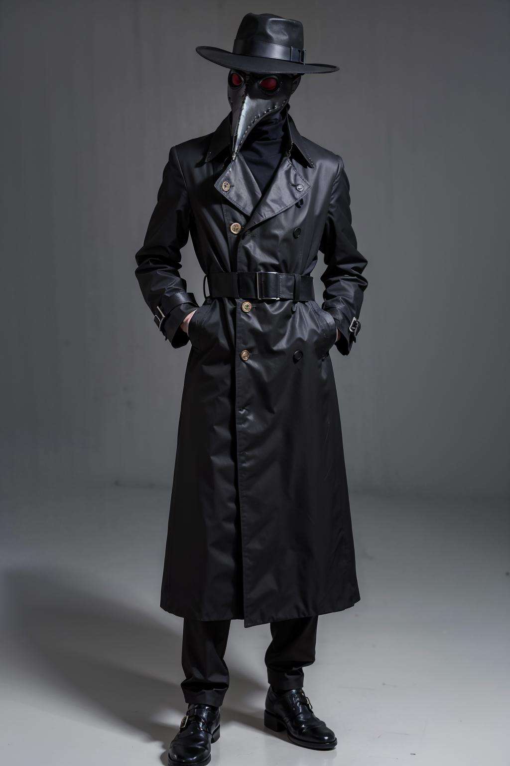 black_coat, black_footwear, black_headwear, boots, buttons, coat, hand_on_hip, hat, simple_background, solo, standing, medieval street, 1boy, full_body, male_focus, belt, mask, facing_viewer, hands_in_pockets, long_coat, fedora, trench_coat, Plaguecore, outfit<lora:Plaguecore:0.7>