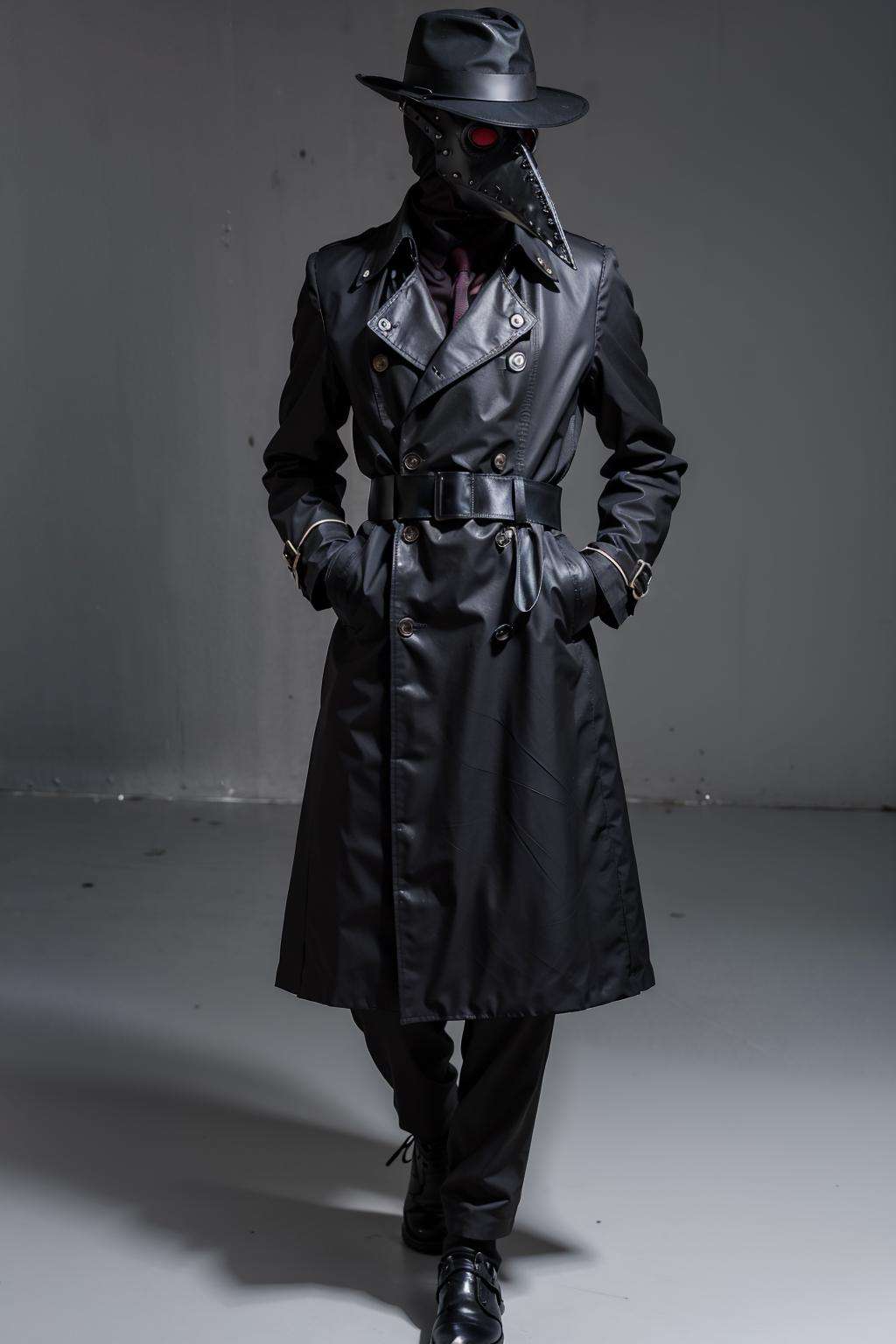 black_coat, black_footwear, black_headwear, boots, buttons, coat, hand_on_hip, hat, simple_background, solo, standing, white_background, 1boy, full_body, male_focus, belt, mask, facing_viewer, hands_in_pockets, long_coat, fedora, trench_coat, Plaguecore, outfit<lora:Plaguecore:0.7>