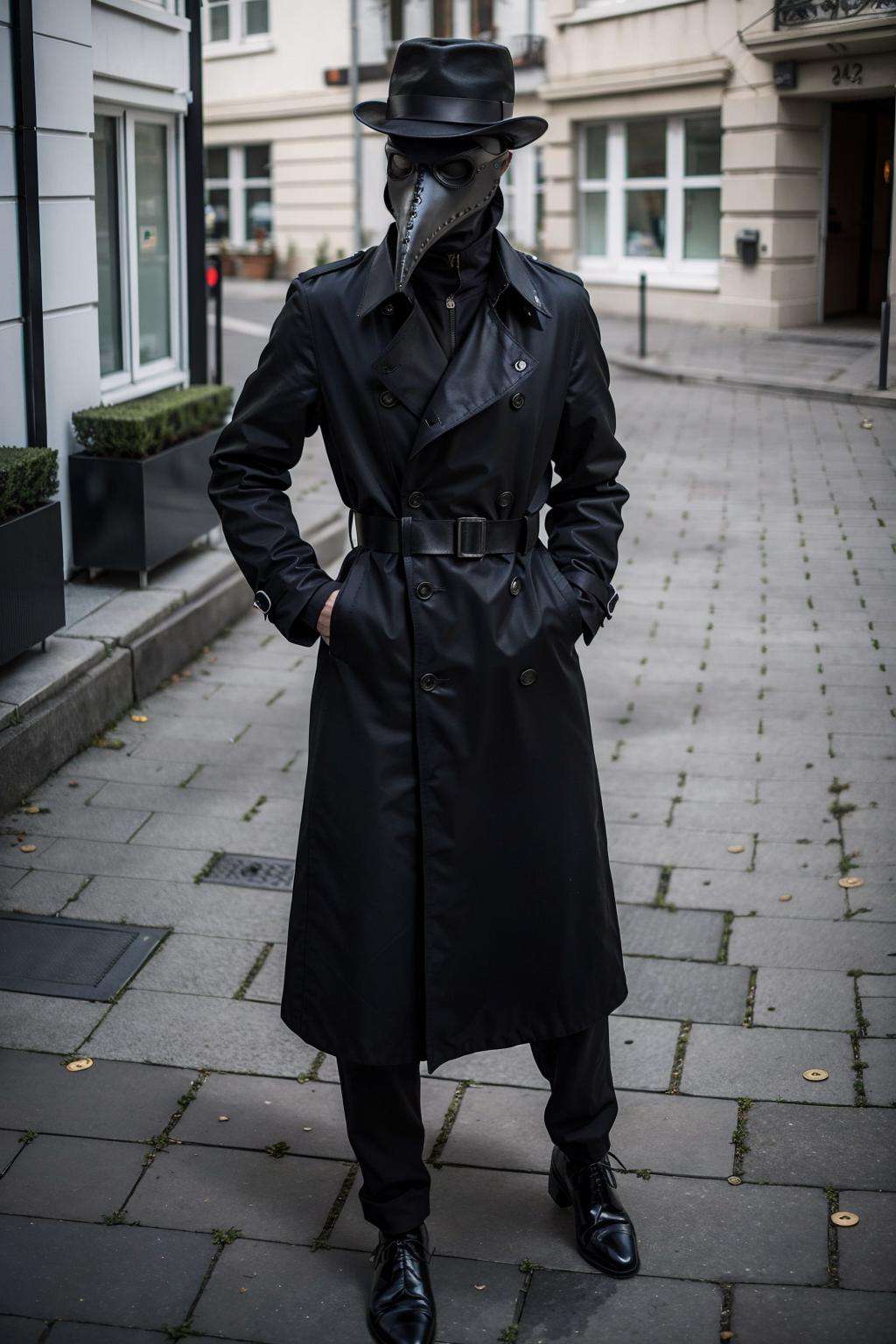 black_coat, black_footwear, black_headwear, boots, buttons, coat, hand_on_hip, hat, solo, standing, medieval street, 1boy, full_body, male_focus, belt, mask, facing_viewer, hands_in_pockets, long_coat, fedora, trench_coat, Plaguecore, outfit<lora:Plaguecore:0.7>