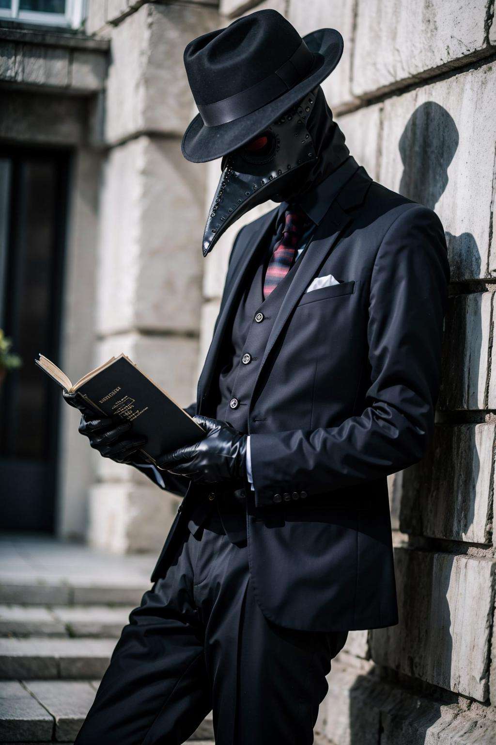 black_headwear, blurry, formal, hat, suit, tiles, solo, shirt, gloves, 1boy, holding, jacket, male_focus, necktie, black_gloves, pants, black_jacket, mask, black_pants, fedora, black_suit, Plaguecore, outfit <lora:Plaguecore:0.8>