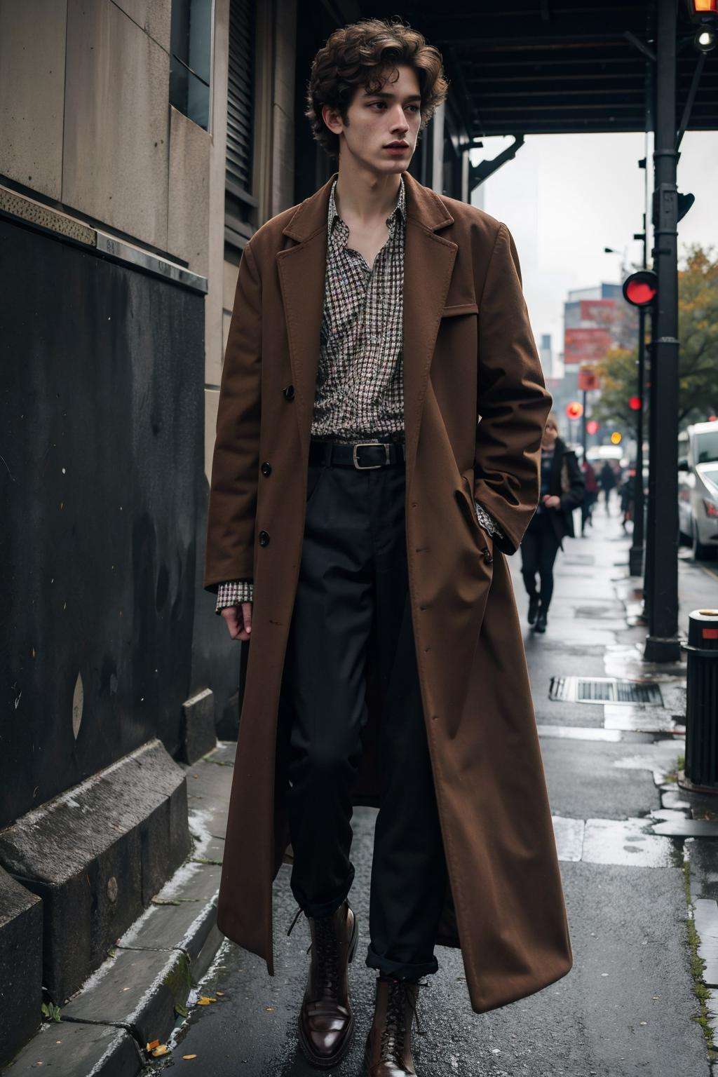 ultra-detailed,masterpiece,finely detail,highres,8k wallpaper,belt, boots, pants, solo, 1girl, jacket, solo, shirt, long_sleeves, 1boy, male_focus, belt, pants, bag, coat, black_pants, handbag, head_out_of_frame, brown_coat, trench_coat, dark academia, outfits<lora:dark:0.8>