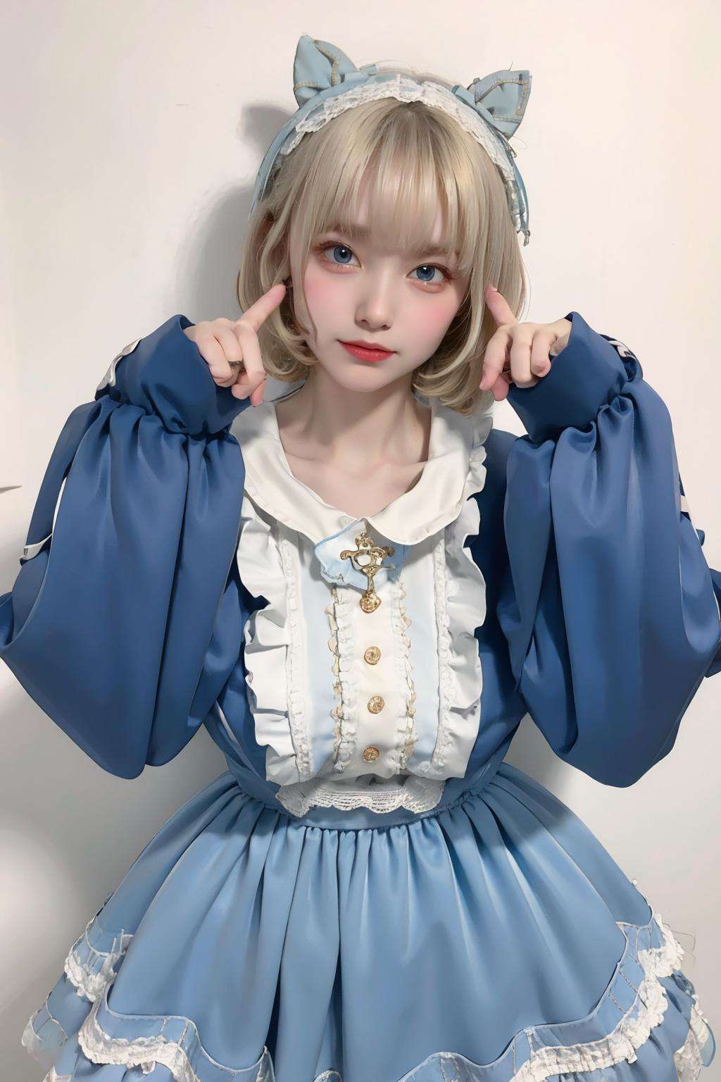 1girl, dress, lips, looking_at_viewer, solo, veil, white_dress, white_theme, short_hair, bangs, blue_eyes, blonde_hair, long_sleeves, closed_mouth, hairband, frills, blunt_bangs, sleeves_past_wrists, hands_up, lolita_fashion, paw_pose, realistic, Mizuiro, outfit<lora:Mizuiro:1>