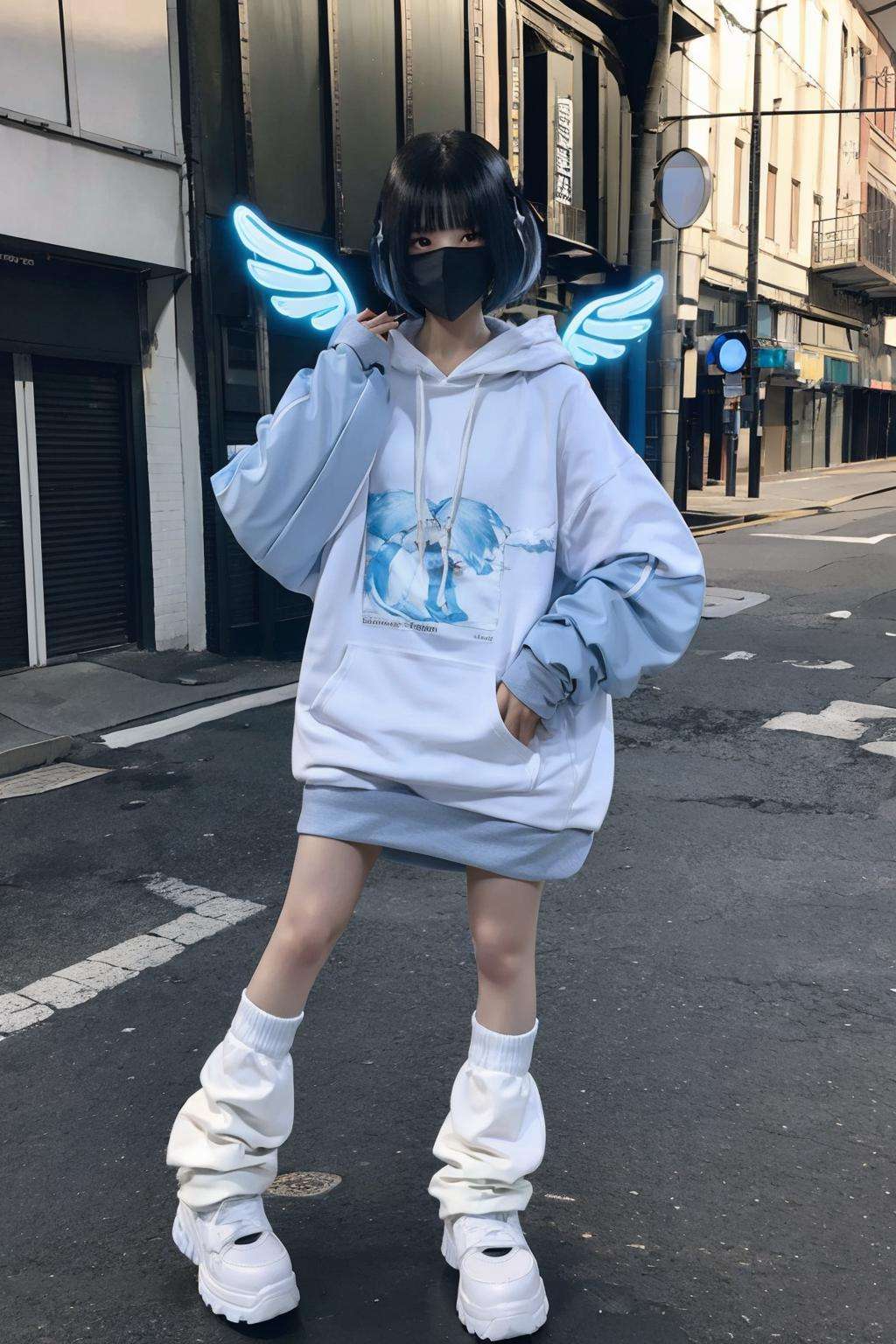 1girl, black_hair, short_hair, sleeves_past_wrists, solo, white_footwear, shirt, long_sleeves, standing, wings, socks, hood, hoodie, sleeves_past_fingers, angel_wings, Mizuiro, bright light,outfit<lora:Mizuiro:1>