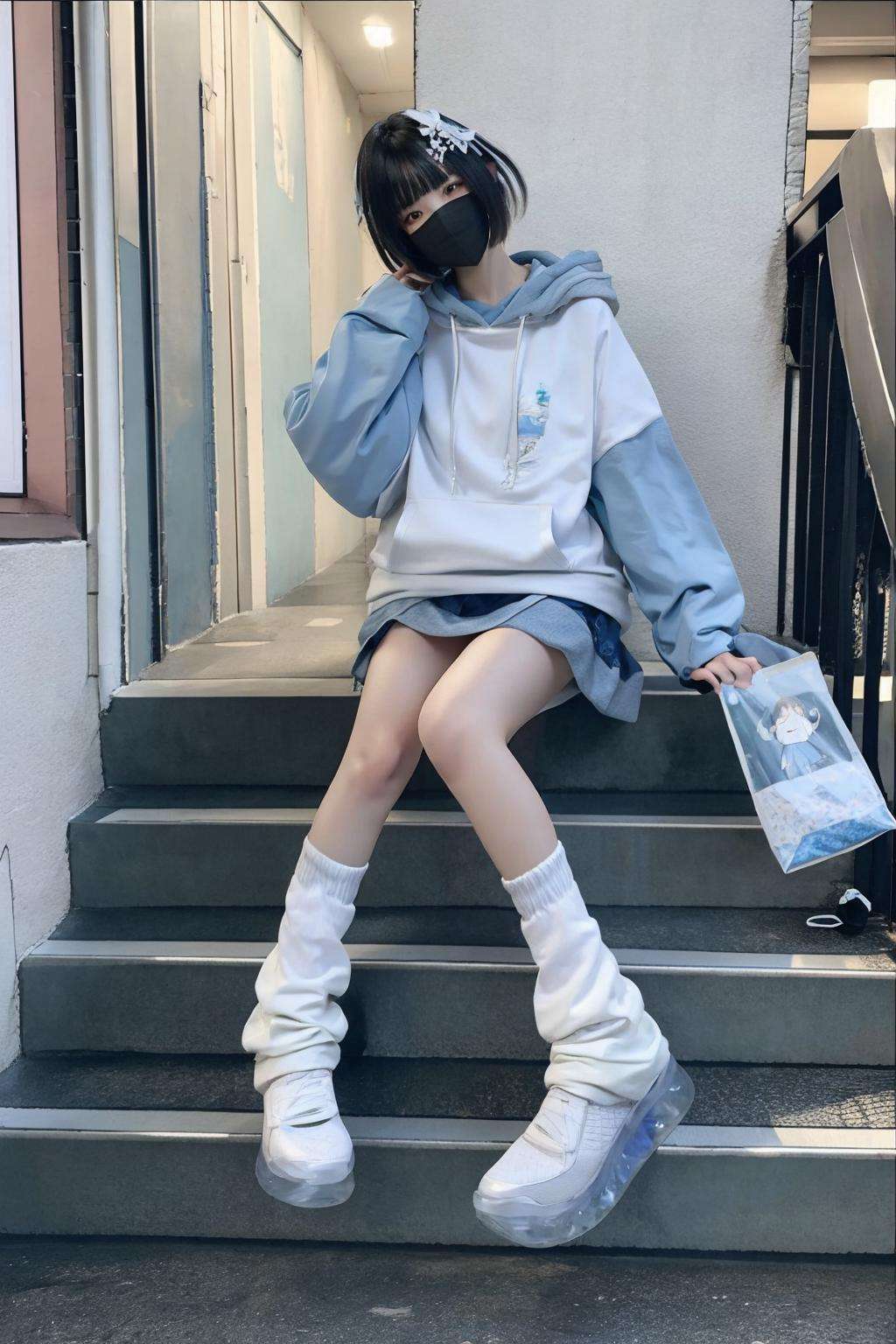 1girl, bangs, black_hair, hood, hood_down, hoodie, mask, mouth_mask, sitting, solo, space, starry_sky, starry_sky_print, surgical_mask, white_footwear, white_hoodie, looking_at_viewer, short_hair, hair_ornament, long_sleeves, full_body, shoes, socks, bag, black_eyes, sleeves_past_wrists, white_socks, sneakers, stairs, loose_socks, Mizuiro, outfit<lora:Mizuiro:1>