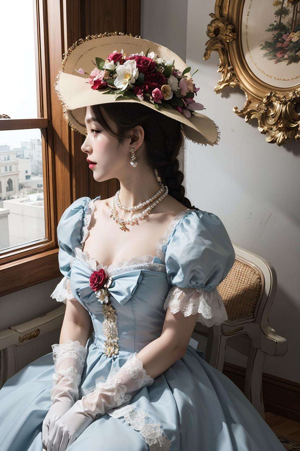 1girl, dress, gloves, jewelry, necklace, pearl_necklace, solo, white_dress, black_hair, hat, sitting, closed_mouth, braid, flower, earrings, puffy_sleeves, indoors, white_gloves, dark_skin, dark-skinned_female, window, profile, lace_trim, lace, sun_hat, hands_on_lap, lace_gloves, victorian  <lora:vic:0.8>