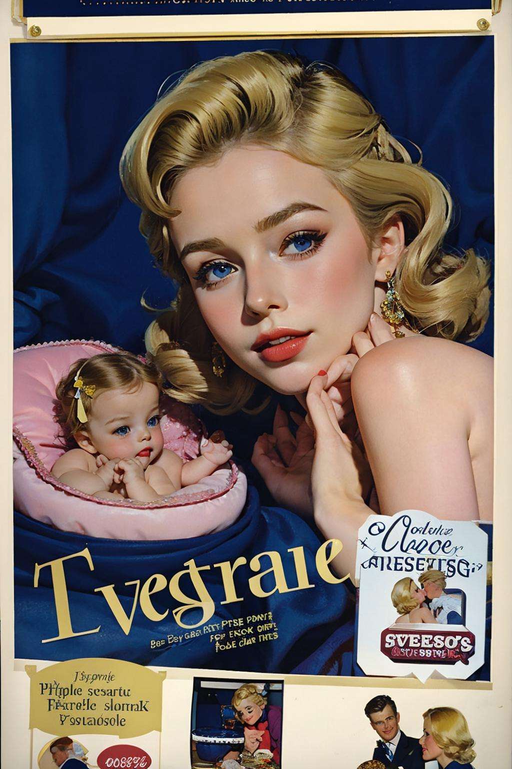 blonde_hair, english_text, fake_cover, jewelry, 1girl, blue_eyes, 1boy, multiple_boys, baby, vintage ad style<lora:ad:1>