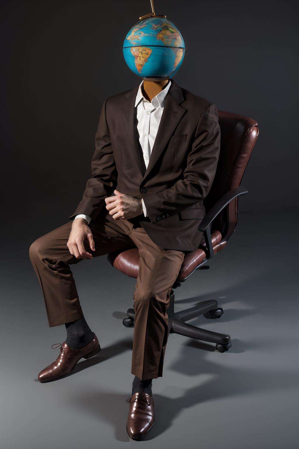 1boy, ball, chair, globe, grey_background, long_sleeves, male_focus, sitting, solo, shirt, jacket, full_body, white_shirt, shoes, collared_shirt, pants, brown_footwear, formal, crossed_legs, suit, brown_jacket, brown_pants, object heads, globe as head<lora:ob head:1>