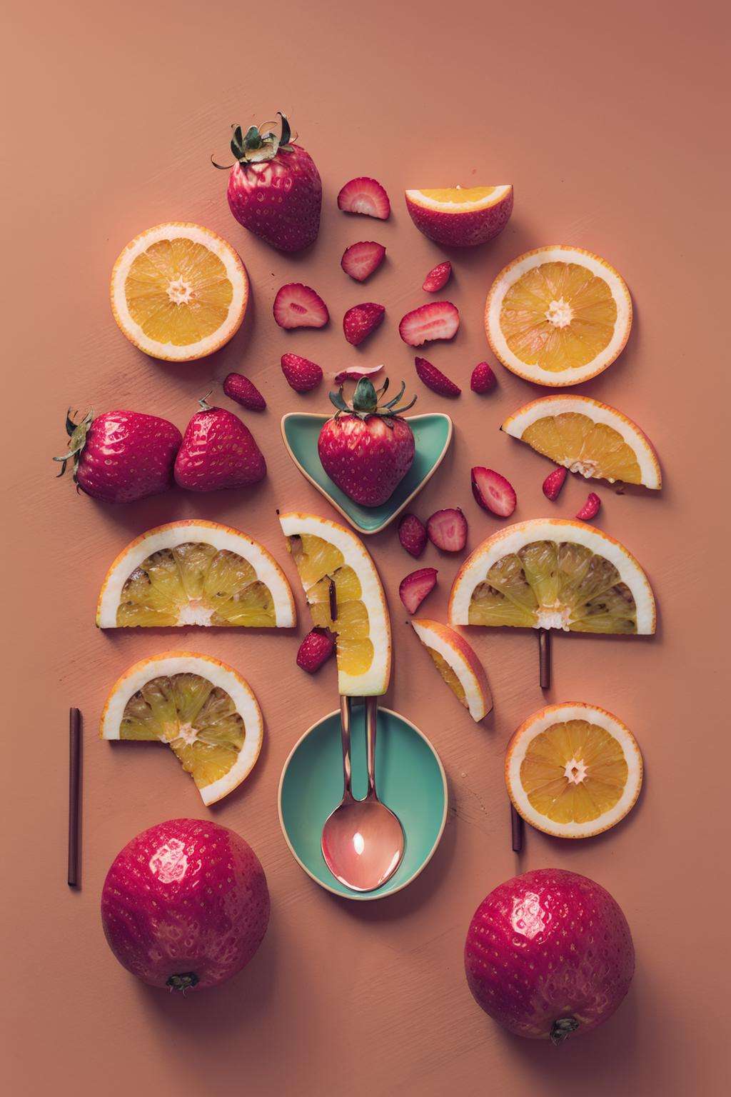 artist_name, food, fruit, no_humans, orange_\(fruit\), red_background, simple_background, strawberry, tomato, pink_background, spoon, food_focus, still_life, orange_slice, knolling+laydown<lora:laydown:1>