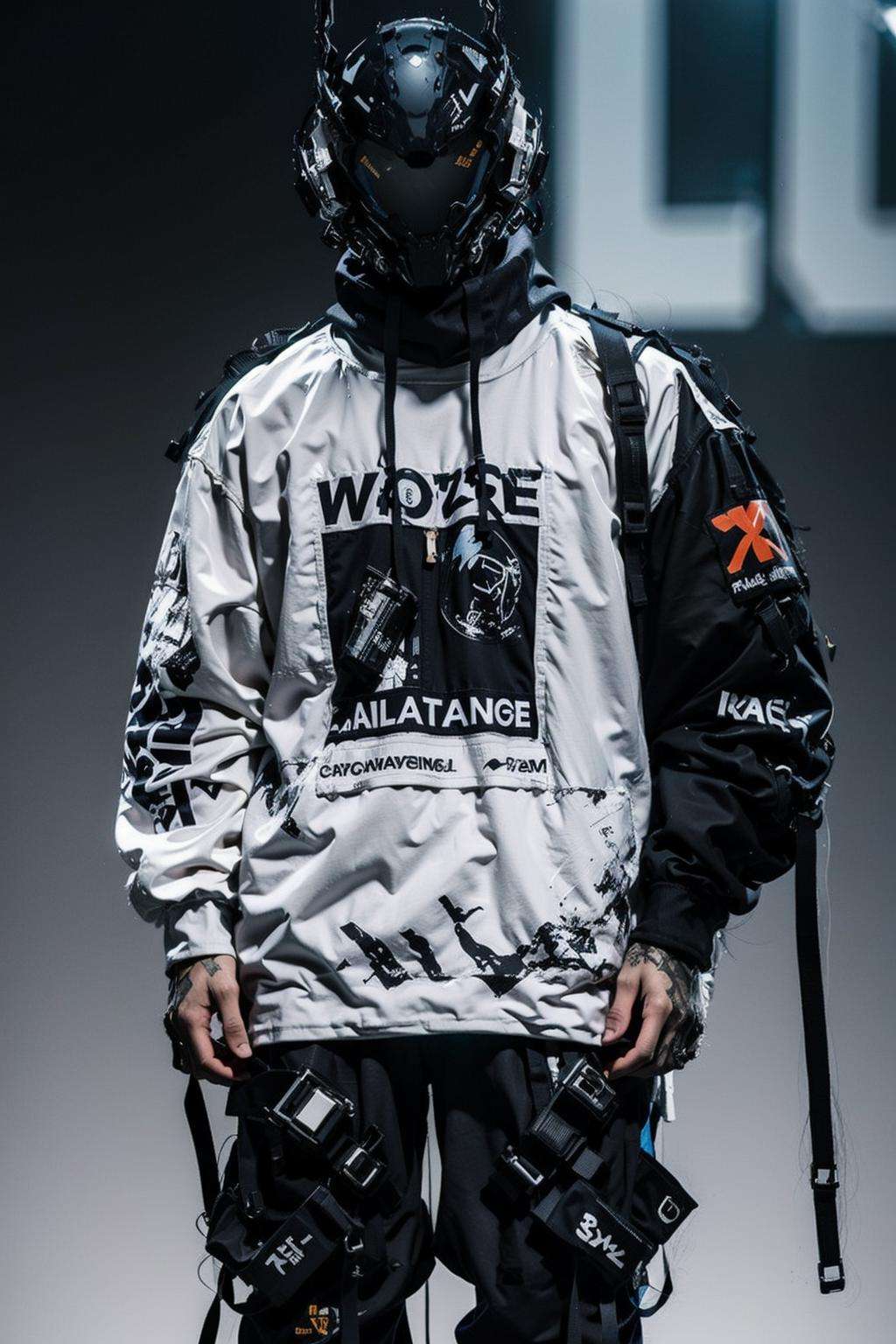 (realistic:1.2),1boy, clothes_writing, fire, standing, solo, shirt, long_sleeves, male_focus, shoes, pants, black_footwear, english_text, black_pants, helmet, robot, pointing, science_fiction, zoom_layer, urban techwear, outfit<lora:urbantechwear:1> 