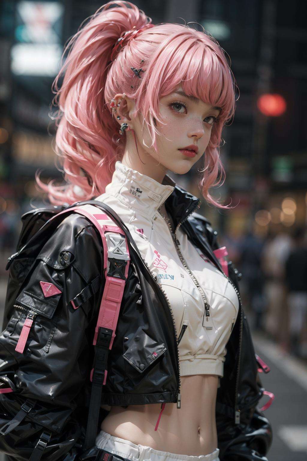 (realistic:1.2),1girl, backpack, bangs, blurry, blurry_background, depth_of_field, earrings, hair_ornament, jewelry, piercing, pink_hair, solo, long_hair, breasts, long_sleeves, navel, closed_mouth, jacket, upper_body, ponytail, midriff, bag, lips, crop_top, grey_eyes, ear_piercing, zipper, freckles, strap, urban techwear, outfit<lora:urbantechwear:1.2:OUTD> <lora:A素体机娘:0.4>