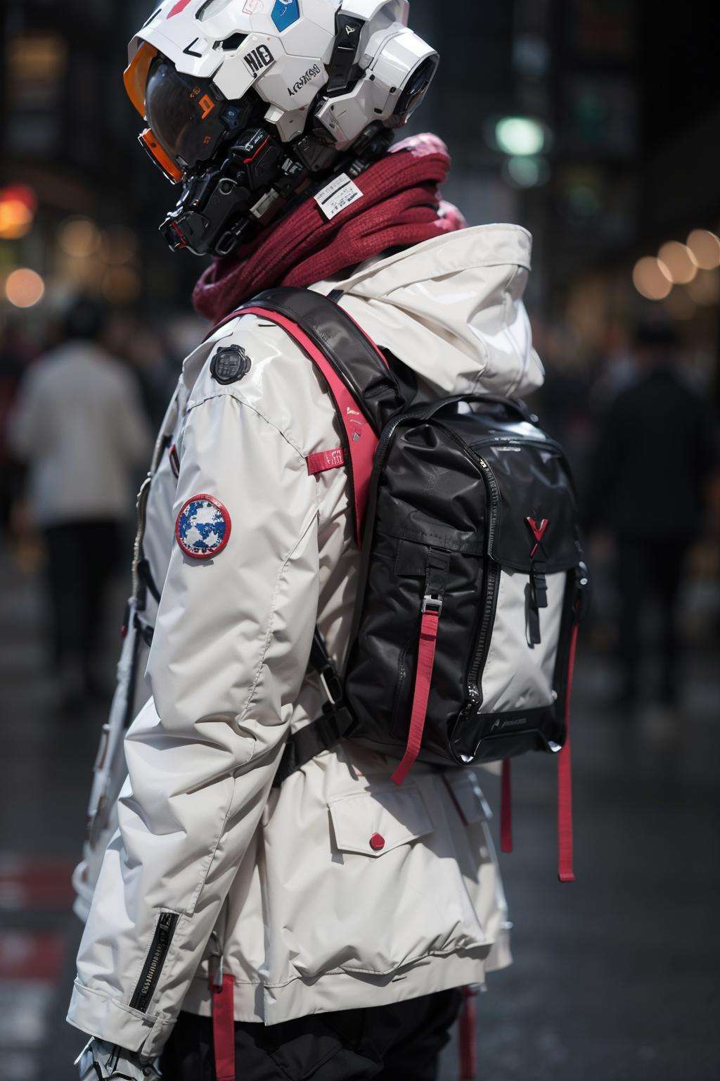 (realistic:1.2),blurry, blurry_background, blurry_foreground, depth_of_field, jacket, solo, long_sleeves, weapon, hood, bag, scarf, from_side, white_jacket, backpack, helmet, robot, 1other, zipper, science_fiction, urban techwear, outfit<lora:urbantechwear:1:OUTD> <lora:Emma Watson:1:face>