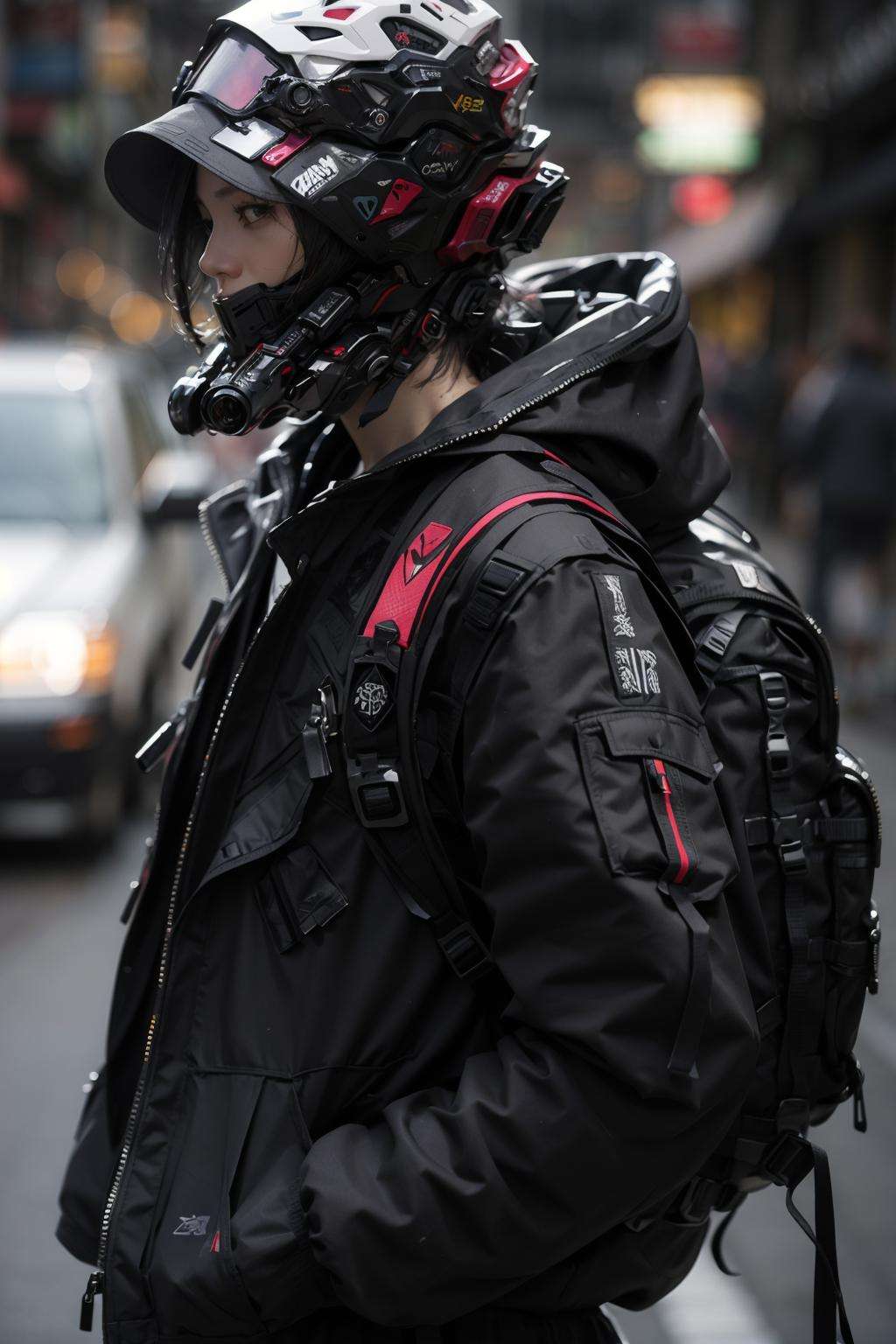 (realistic:1.2),1girl, blurry, blurry_background, depth_of_field, helmet, solo, jacket, upper_body, hood, bag, from_side, black_jacket, profile, mask, backpack, urban techwear, outfit<lora:urbantechwear:1:OUTD>