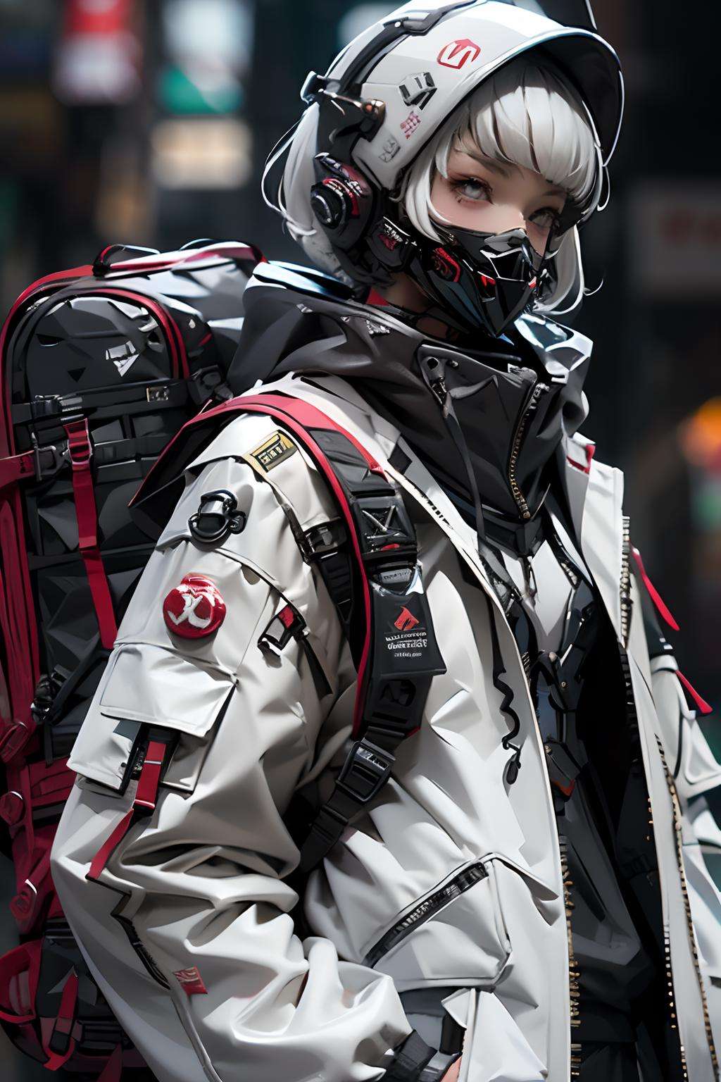 1girl, helmet, hood, solo, spacesuit, short_hair, bangs, jacket, upper_body, white_hair, bag, blurry, coat, grey_eyes, mask, blurry_background, backpack, zipper, mouth_mask, covered_mouth, urban techwear, outfit <lora:urbantechwear:1>