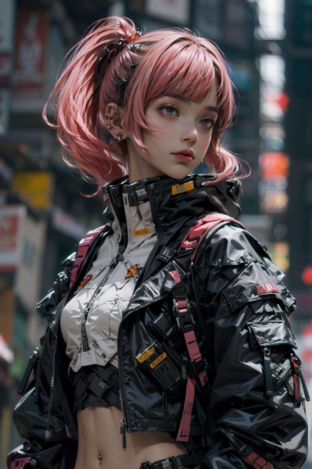 (realistic:1.4),1girl, backpack, bangs, blurry, blurry_background, depth_of_field, earrings, hair_ornament, jewelry, piercing, pink_hair, solo, long_hair, breasts, long_sleeves, navel, closed_mouth, jacket, upper_body, ponytail, midriff, bag, lips, crop_top, grey_eyes, ear_piercing, zipper, freckles, strap, urban techwear, outfit<lora:urbantechwear:1> <lora:A素体机娘:0.3>