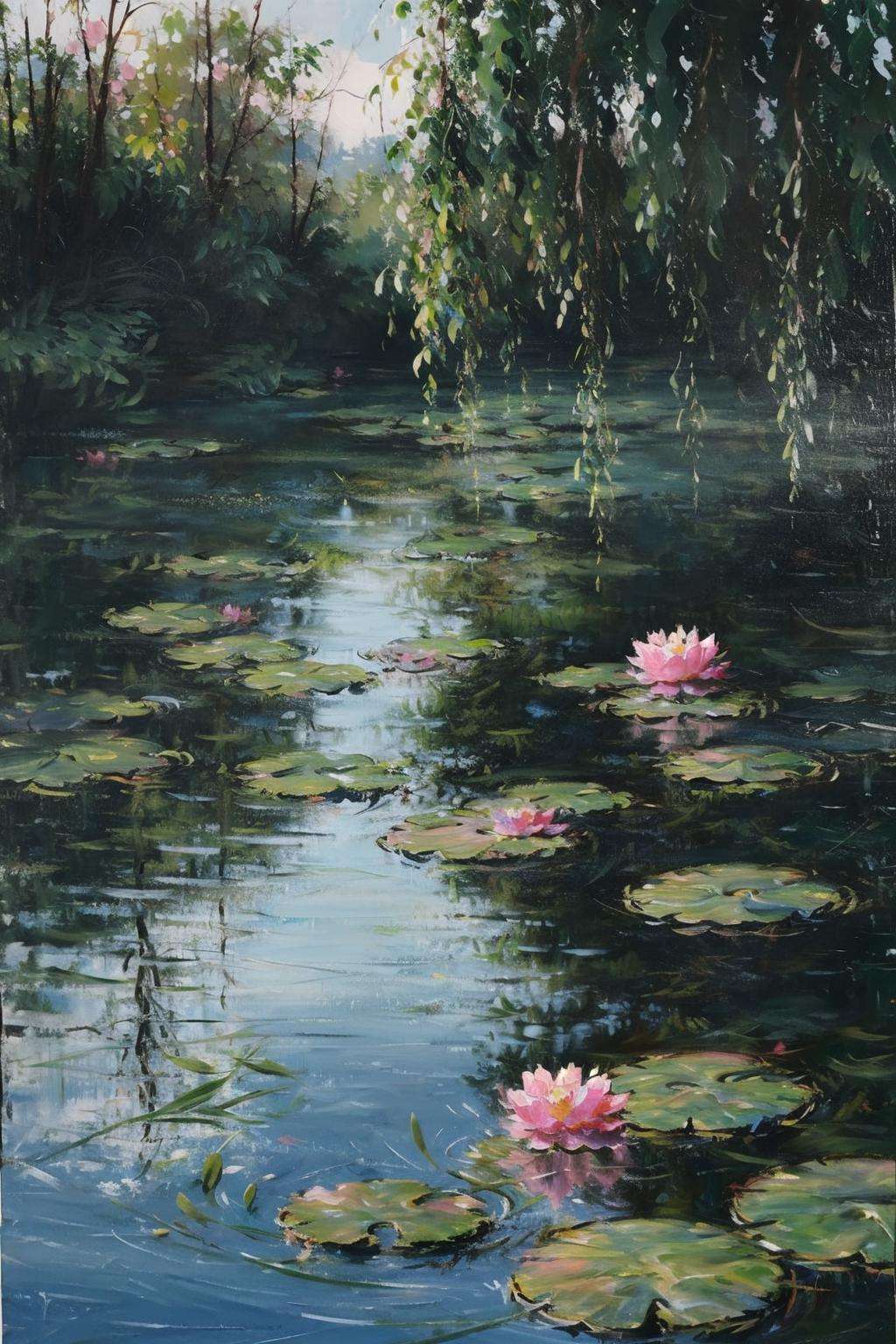 flower, lily_pad, lotus, pink_flower, river, water, no_humans, plant, scenery, still_life, impressionist <lora:impress:1>