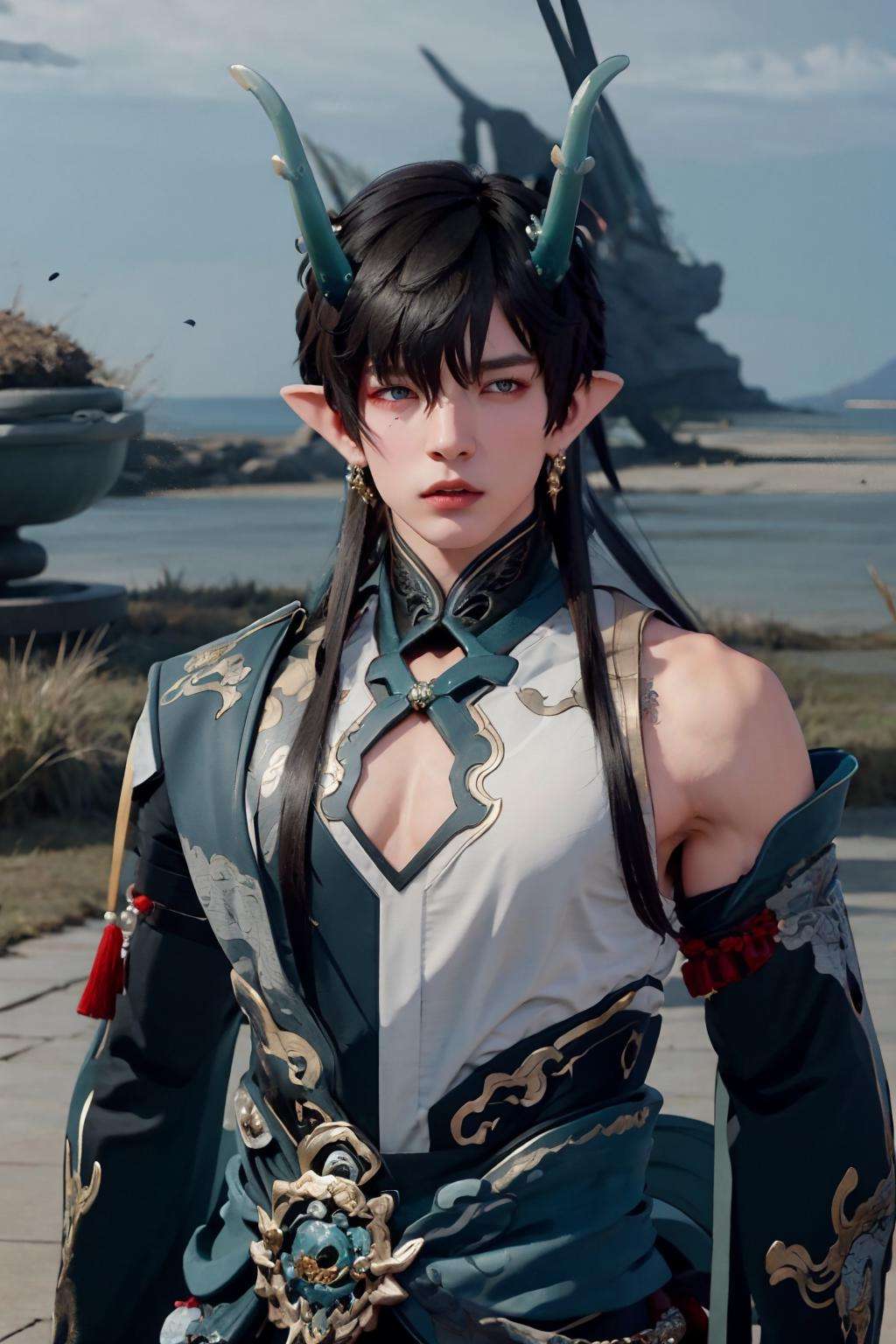 <lora:danheng:1>1boy, black_hair, chinese_clothes, clothing_cutout, male_focus, pointy_ears, solo, long_hair, blue_eyes, hair_between_eyes, bare_shoulders, jewelry, closed_mouth, upper_body, ahoge, multicolored_hair, horns, dragon_horns, tassel_earrings, dragon_boy