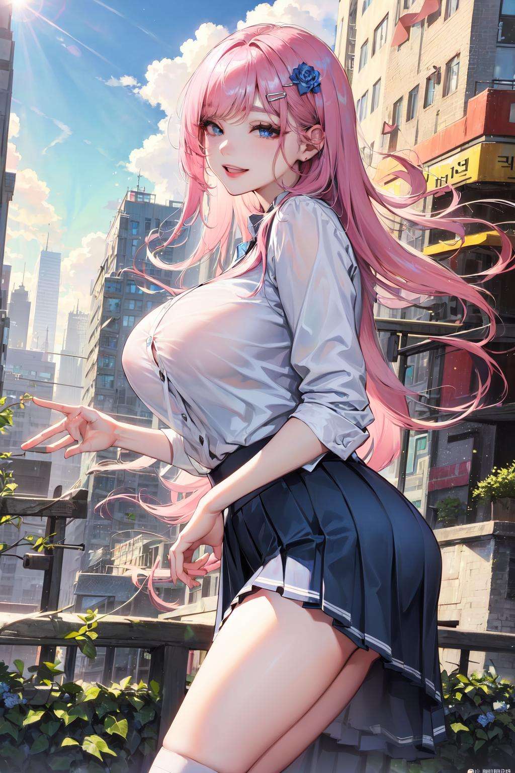 official art, masterpiece, sharp focus, (beautiful gorgeous cute Korean woman:1.3), (beautiful cute korean:1.3), korean beauty, Delicate and beautiful hair and eyes and face, realistic, ultra detailed, beautiful girl, blue sky, glow white particle, (sidelighting:1.2), sun light, white cloud, detailed clouds, slender, Lovely very large breasts and very large hips, smile with teeth, ((smile with eyes, open both eyes)), scenery, long straight hair, sexy facial expression, building, (cityscape:1.7), dynamic hair, long straight hair, detailed platinum pink hair, glow blue eyes, (blue pleated shirts + white skirt), white long socks, pale skin, hair ornament, epic scenery, 