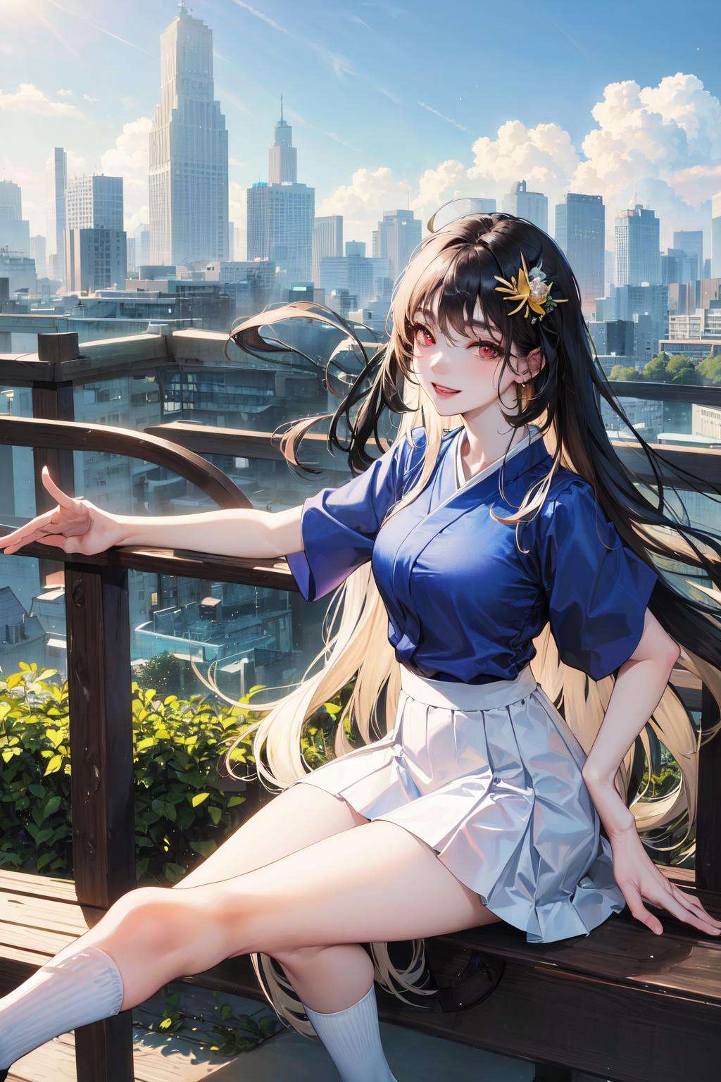 official art, masterpiece, sharp focus, (beautiful gorgeous cute Korean woman:1.3), (beautiful cute korean:1.3), korean beauty, Delicate and beautiful hair and eyes and face, realistic, ultra detailed, beautiful girl, blue sky, glow white particle, (sidelighting:1.2), sun light, white cloud, detailed clouds, slender, Lovely breasts and hips, smile with teeth, ((smile with eyes, open both eyes)), scenery, long straight hair, sexy facial expression, building, (cityscape:1.3), night, dynamic hair, long straight hair, detailed platinum black hair, glow red eyes, (blue shirts + white skirt + white long socks), pale skin, hair ornament, epic scenery, 