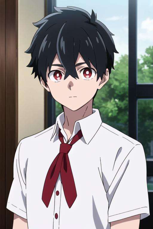 masterpiece, best quality, high quality, 1boy, solo, male focus, looking at viewer, upper body, <lora:kabane_kusaka:0.58>, kabane_kusaka, black hair, red eyes, hair between eyes, , school uniform