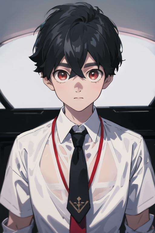 masterpiece, best quality, high quality, 1boy, solo, male focus, looking at viewer, upper body, <lora:kabane_kusaka:0.64>, kabane_kusaka, black hair, red eyes, hair between eyes, , formal, necktie, dress shirt