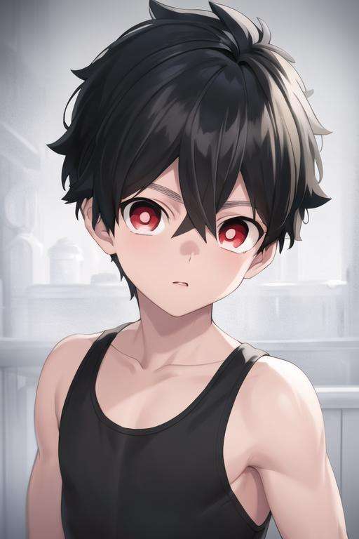 masterpiece, best quality, high quality, 1boy, solo, male focus, looking at viewer, upper body, <lora:kabane_kusaka:0.66>, kabane_kusaka, black hair, red eyes, hair between eyes, , tank top