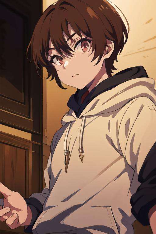 masterpiece, best quality, high quality, 1boy, solo, male focus, looking at viewer, upper body, <lora:keyaru_kaifuku_jutsushi:0.66>, keyaru_kaifuku_jutsushi, brown hair, red eyes, hair between eyes, , hoodie