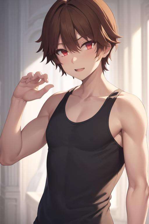 masterpiece, best quality, high quality, 1boy, solo, male focus, looking at viewer, upper body, <lora:keyaru_kaifuku_jutsushi:0.66>, keyaru_kaifuku_jutsushi, brown hair, red eyes, hair between eyes, , tank top