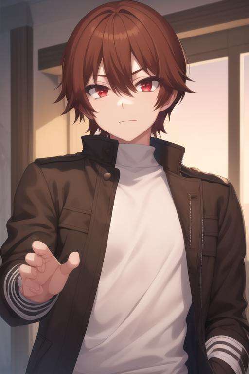 masterpiece, best quality, high quality, 1boy, solo, male focus, looking at viewer, upper body, <lora:keyaru_kaifuku_jutsushi:0.64>, keyaru_kaifuku_jutsushi, brown hair, red eyes, hair between eyes, , jacket