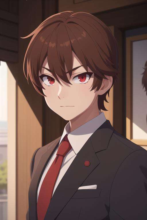 masterpiece, best quality, high quality, 1boy, solo, male focus, looking at viewer, upper body, <lora:keyaru_kaifuku_jutsushi:0.54>, keyaru_kaifuku_jutsushi, brown hair, red eyes, hair between eyes, , formal, necktie, dress shirt