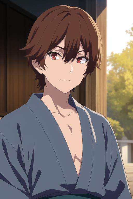 masterpiece, best quality, high quality, 1boy, solo, male focus, looking at viewer, upper body, <lora:keyaru_kaifuku_jutsushi:0.62>, keyaru_kaifuku_jutsushi, brown hair, red eyes, hair between eyes, realistic, yukata