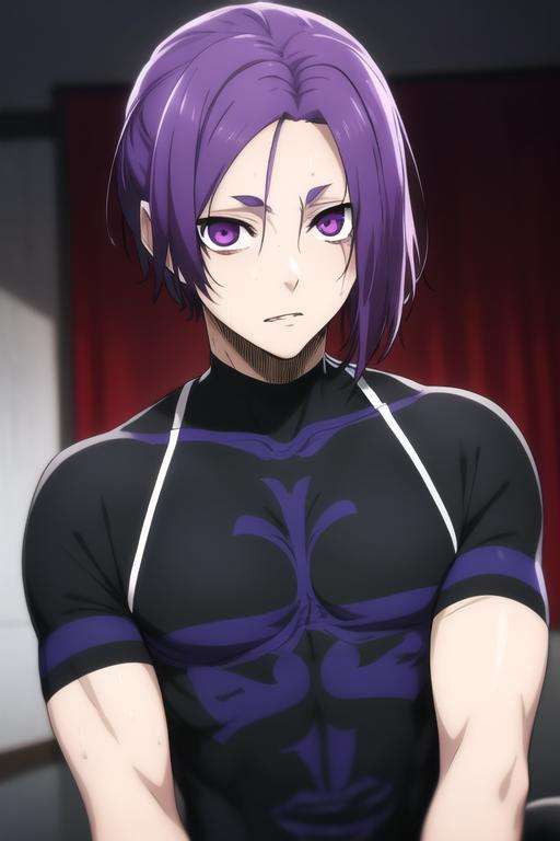 masterpiece, best quality, high quality, 1boy, solo, male focus, looking at viewer, upper body, <lora:mikage_reo:0.78>, mikage_reo, purple eyes, purple hair, <lora:animemix_v3_offset:0.95>