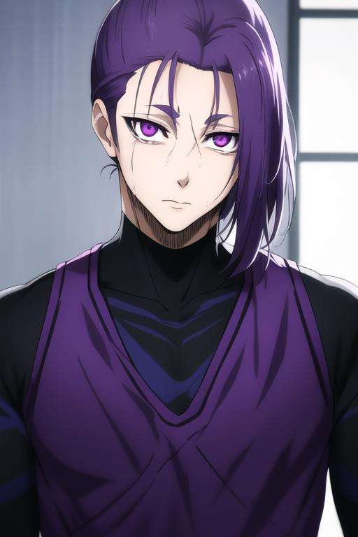 masterpiece, best quality, high quality, 1boy, solo, male focus, looking at viewer, upper body, <lora:mikage_reo:0.80>, mikage_reo, purple eyes, purple hair, <lora:Realism-10:0.10>, Realism