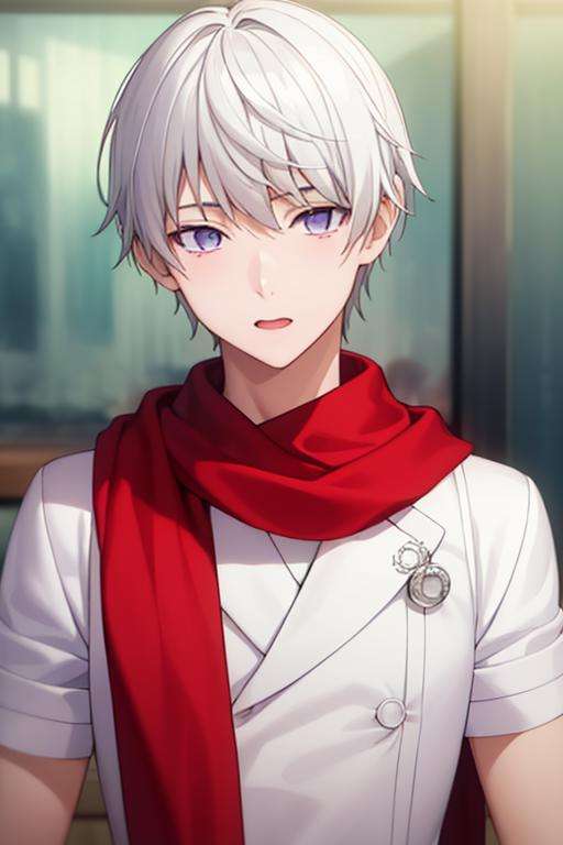 masterpiece, best quality, high quality, 1boy, solo, male focus, looking at viewer, upper body, <lora:tsukasa_eishi:0.75>, tsukasa_eishi, white_hair, red_scarf