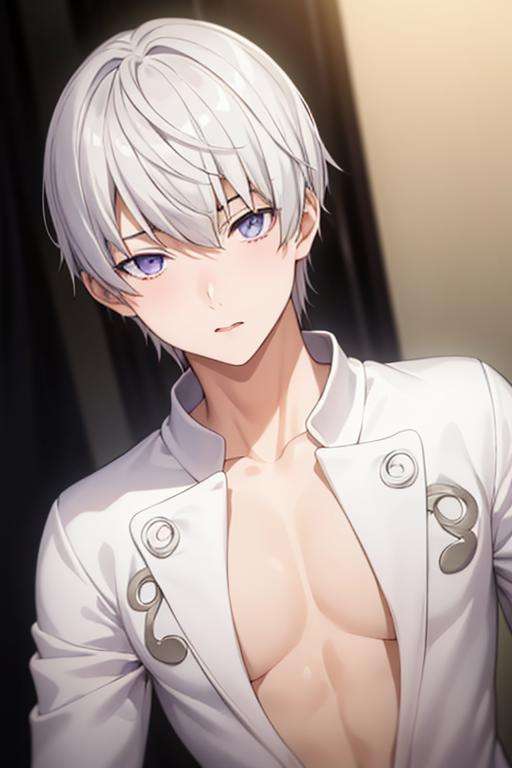 masterpiece, best quality, high quality, 1boy, solo, male focus, looking at viewer, upper body, <lora:tsukasa_eishi:0.75>, tsukasa_eishi, white_hair