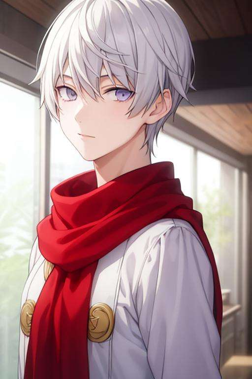 masterpiece, best quality, high quality, 1boy, solo, male focus, looking at viewer, upper body, <lora:tsukasa_eishi:0.75>, tsukasa_eishi, white_hair, red_scarf