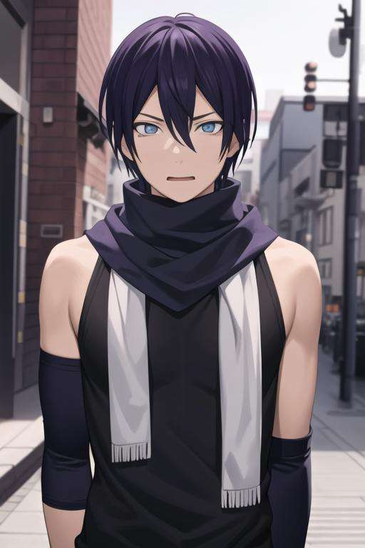 masterpiece, best quality, high quality, <lora:yato:0.70>, yato, 1boy, solo, male focus, upper body, looking at viewer, scarf