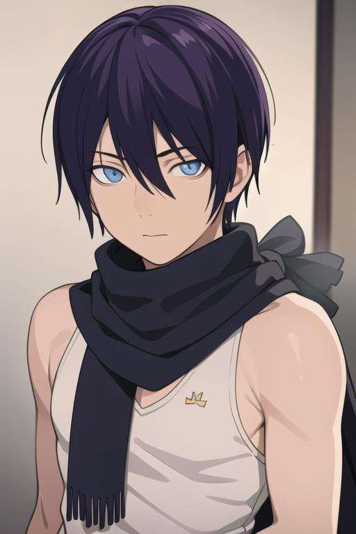 masterpiece, best quality, high quality, <lora:yato:0.70>, yato, 1boy, solo, male focus, upper body, looking at viewer, scarf