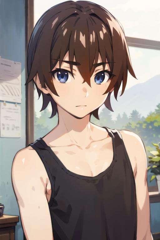 masterpiece, best quality, high quality, 1boy, solo, male focus, looking at viewer, upper body, <lora:keiichi_maebara:0.66>, keiichi_maebara, brown hair, blue eyes, hair between eyes, , tank top