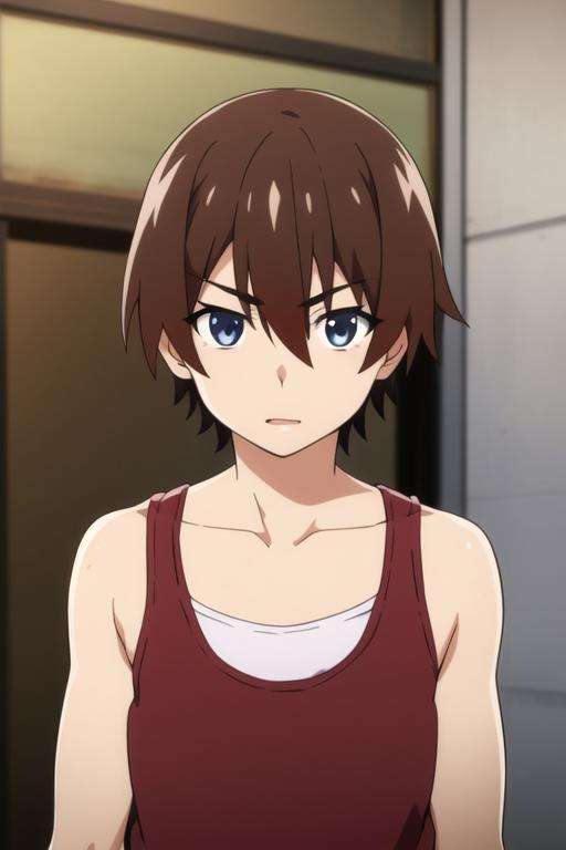 masterpiece, best quality, high quality, 1boy, solo, male focus, looking at viewer, upper body, <lora:keiichi_maebara:0.66>, keiichi_maebara, brown hair, blue eyes, hair between eyes, , tank top