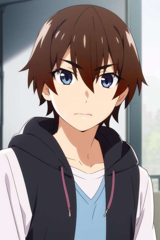 masterpiece, best quality, high quality, 1boy, solo, male focus, looking at viewer, upper body, <lora:keiichi_maebara:0.84>, keiichi_maebara, brown hair, blue eyes, hair between eyes, , hoodie