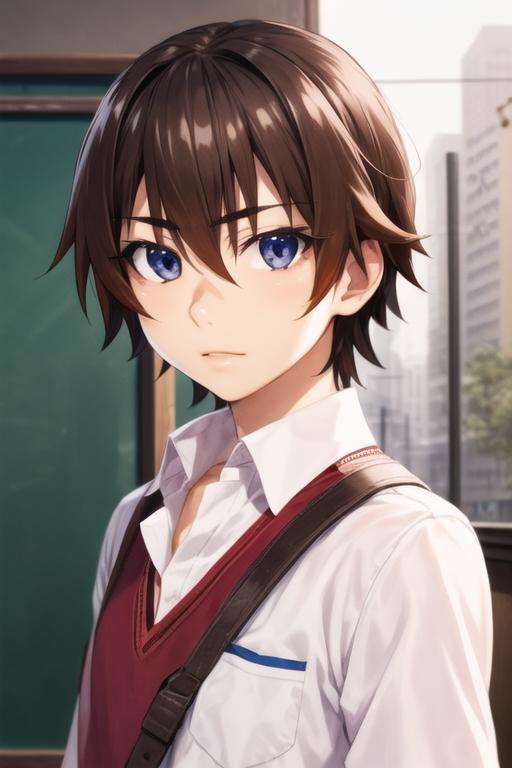 masterpiece, best quality, high quality, 1boy, solo, male focus, looking at viewer, upper body, <lora:keiichi_maebara:0.72>, keiichi_maebara, brown hair, blue eyes, hair between eyes, , school uniform