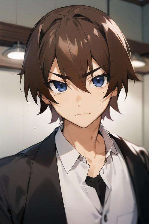 masterpiece, best quality, high quality, 1boy, solo, male focus, looking at viewer, upper body, <lora:keiichi_maebara:0.78>, keiichi_maebara, brown hair, blue eyes, hair between eyes, ,