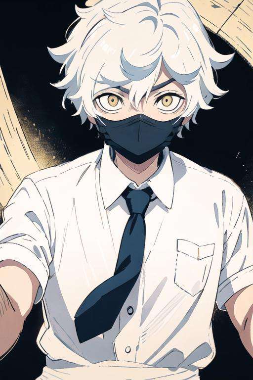 masterpiece, best quality, high quality, 1boy, solo, male focus, looking at viewer, upper body, <lora:gabimaru:0.70>, gabimaru, white hair, yellow eyes, mask, , formal, necktie, dress shirt