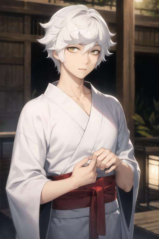 masterpiece, best quality, high quality, 1boy, solo, male focus, looking at viewer, upper body, <lora:gabimaru:0.64>, gabimaru, white hair, yellow eyes, mask, realistic, yukata