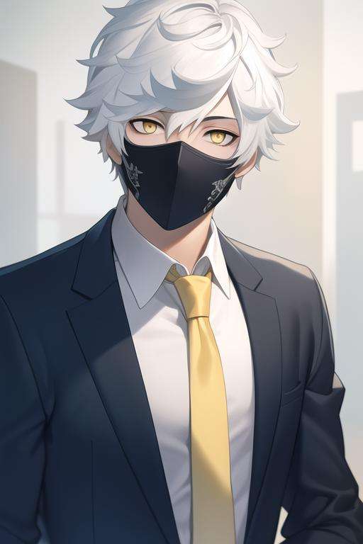 masterpiece, best quality, high quality, 1boy, solo, male focus, looking at viewer, upper body, <lora:gabimaru:0.62>, gabimaru, white hair, yellow eyes, mask, realistic, formal, necktie, dress shirt