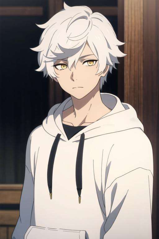 masterpiece, best quality, high quality, 1boy, solo, male focus, looking at viewer, upper body, <lora:gabimaru:0.54>, gabimaru, white hair, yellow eyes, , , hoodie