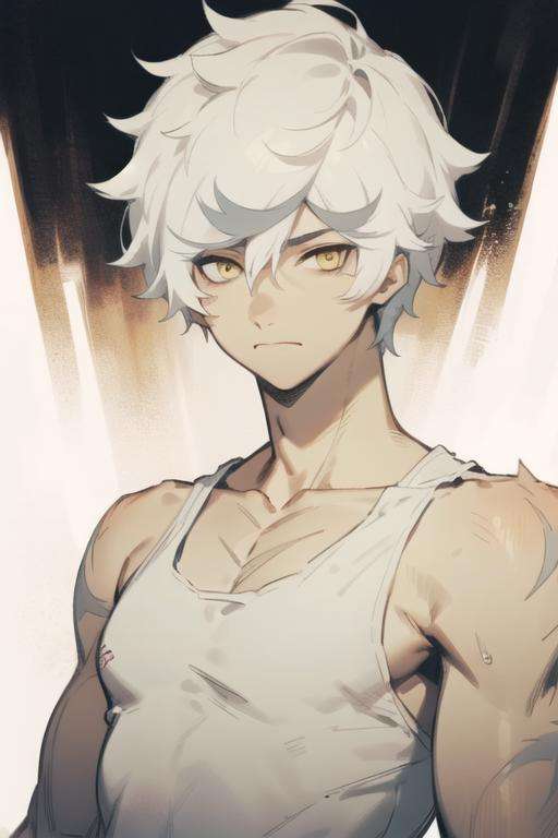 masterpiece, best quality, high quality, 1boy, solo, male focus, looking at viewer, upper body, <lora:gabimaru:0.70>, gabimaru, white hair, yellow eyes, , , tank top